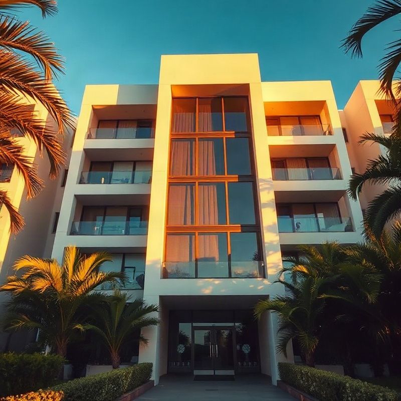 Fachada editorial de edifício residencial premium em Porto Alegre ao entardecer