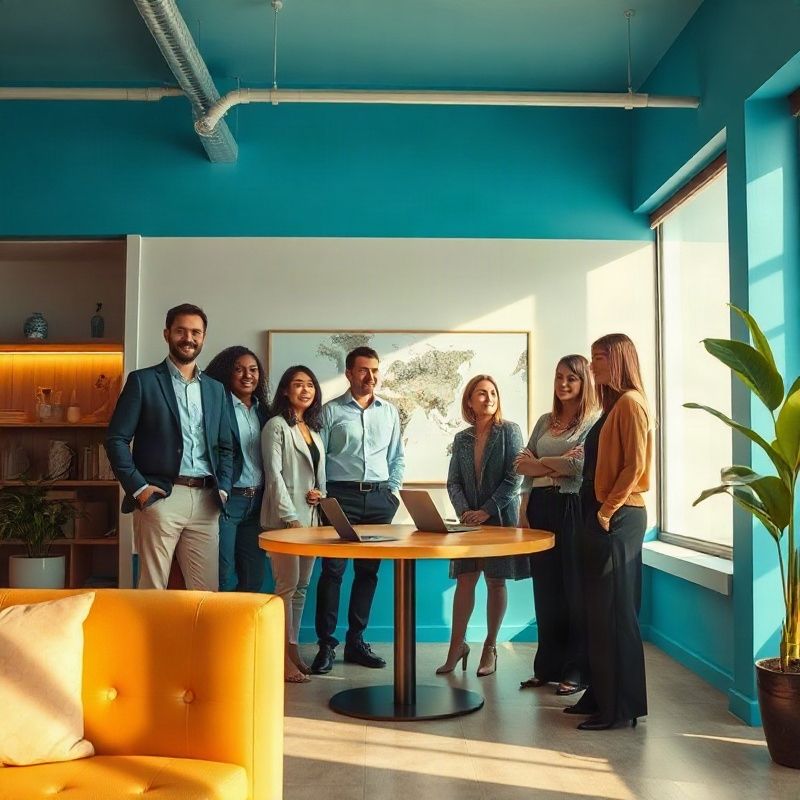 Equipe boutique da Hikinggardenq em escritório moderno em Porto Alegre com detalhes azuis