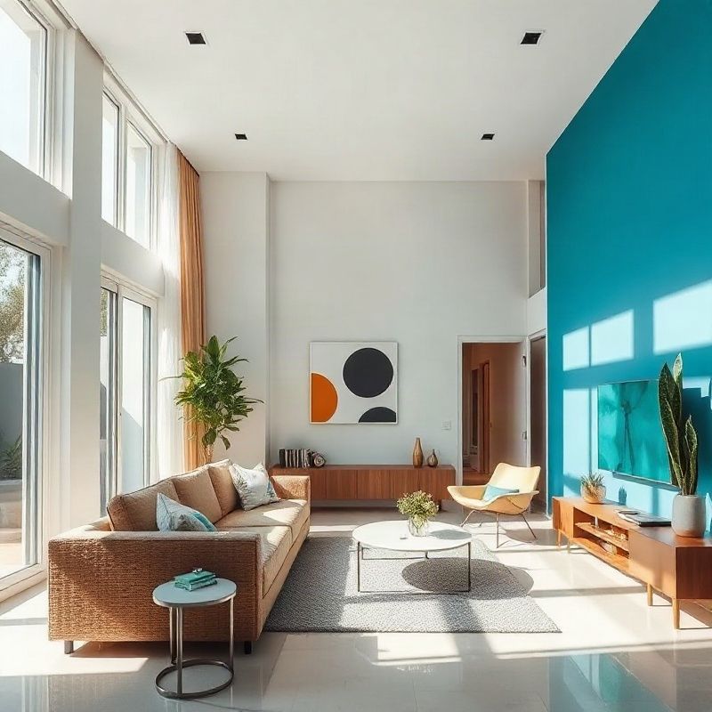 Sala de estar clara com detalhe azul e mobiliário contemporâneo em apartamento em Porto Alegre